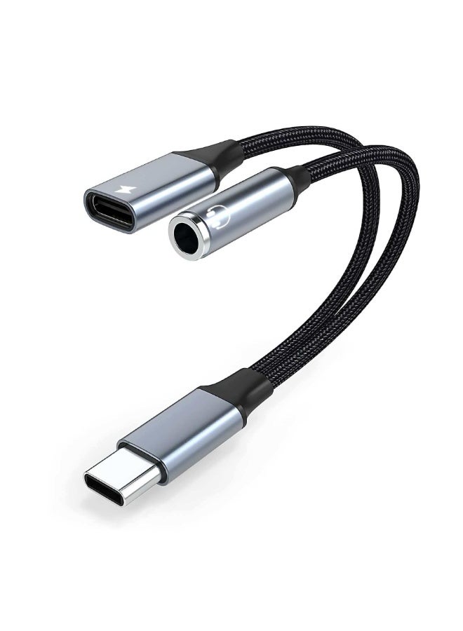 محول USB-C إلى سماعة رأس 3.5 مم وشاحن، منفذ شحن USB-C PD 3.0 2 في 1 إلى منفذ صوت Aux وكابل متعدد الوظائف للشحن السريع/المكالمات، متوافق مع Apple iPhone 15 والإصدارات الأحدث، Samsung Galaxy S21+ Ultra والإصدارات الأحدث - Image 1